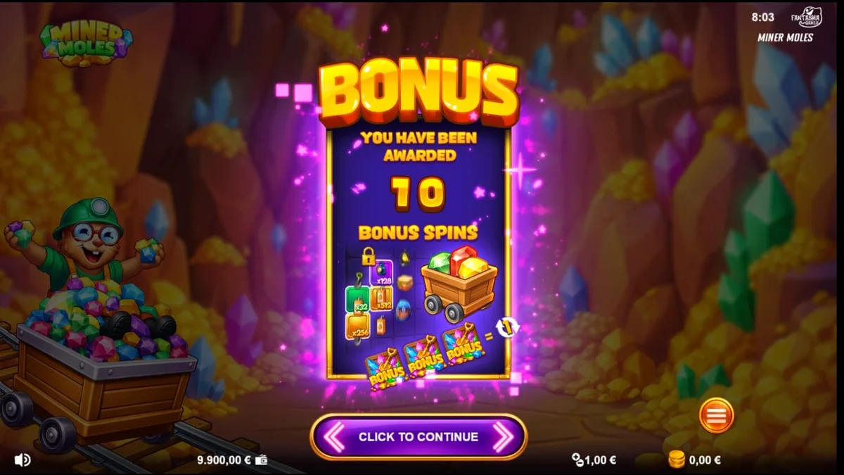 Tampilan visual slot Miner Moles dengan karakter tikus tanah dan kristal