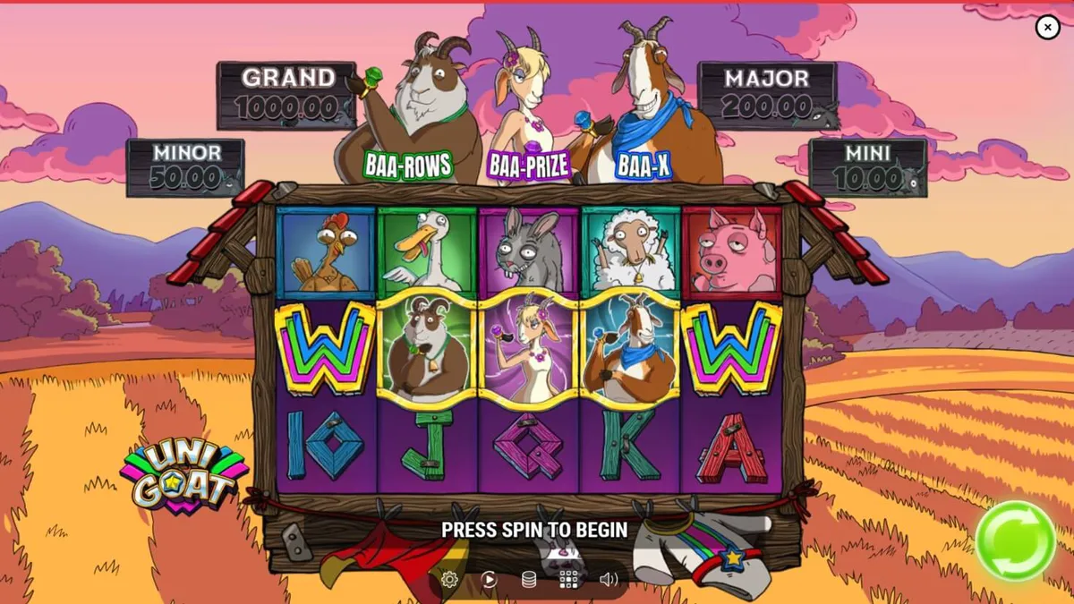 Tampilan visual permainan slot Unigoat dengan tema peternakan fantasi yang penuh warna.